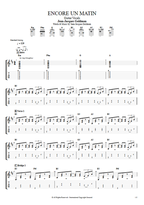Encore un matin Jean-Jacques Goldman guitar pro tab AGuitar Guitar & Vocals mysongbook