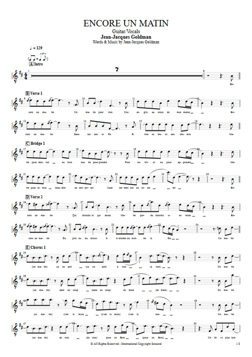 Encore un matin Jean-Jacques Goldman guitar pro tab Vocals Guitar & Vocals mysongbook