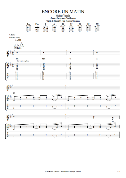 Encore un matin Jean-Jacques Goldman guitar pro tab Full Score Guitar & Vocals mysongbook
