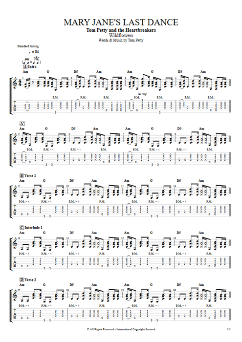 Mary Jane's Last Dance Tom Petty guitar pro tab EGuitarII Full Score mysongbook
