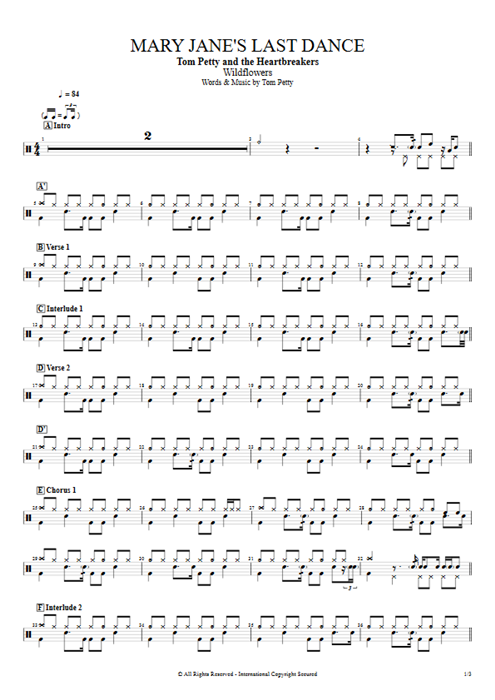 Mary Jane's Last Dance Tom Petty guitar pro tab Drums Full Score mysongbook