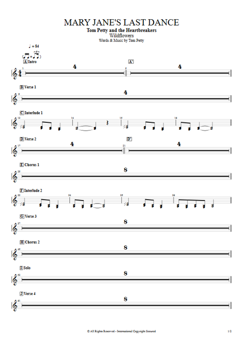 Mary Jane's Last Dance Tom Petty guitar pro tab Harmonica Full Score mysongbook
