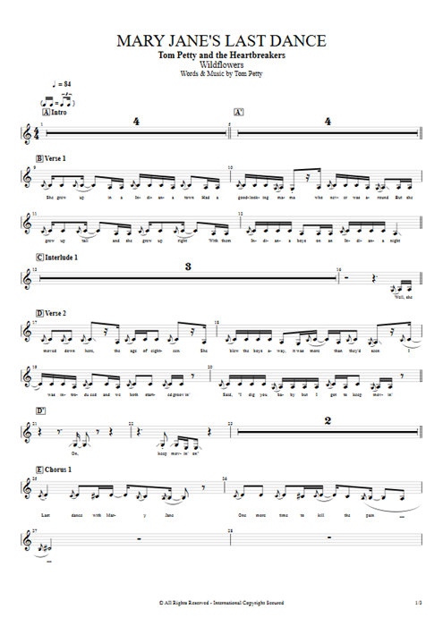 Mary Jane's Last Dance Tom Petty guitar pro tab Vocals Full Score mysongbook
