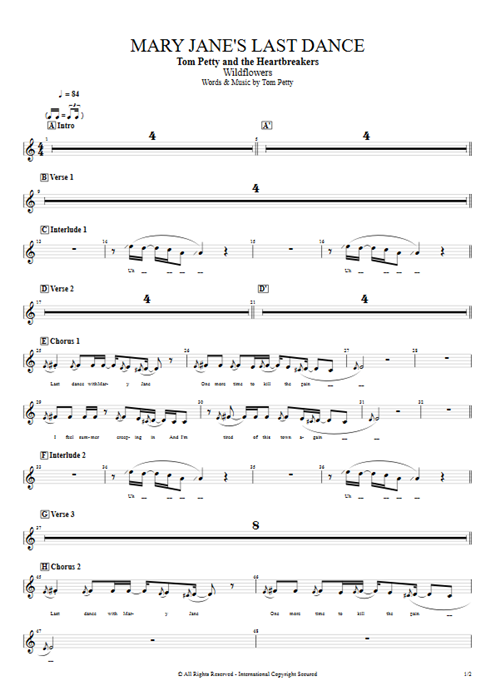 Mary Jane's Last Dance Tom Petty guitar pro tab BackVoc Full Score mysongbook