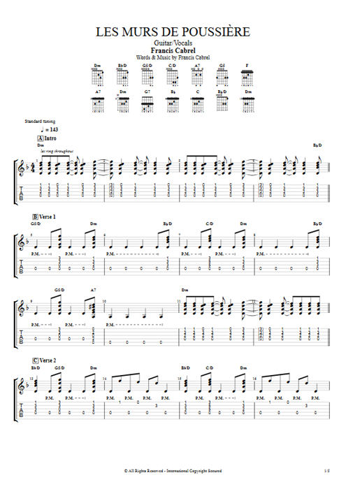 Les murs de poussière Francis Cabrel guitar pro tab AGuitar Guitar & Vocals mysongbook