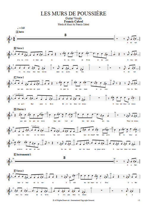 Les murs de poussière Francis Cabrel guitar pro tab Vocals Guitar & Vocals mysongbook