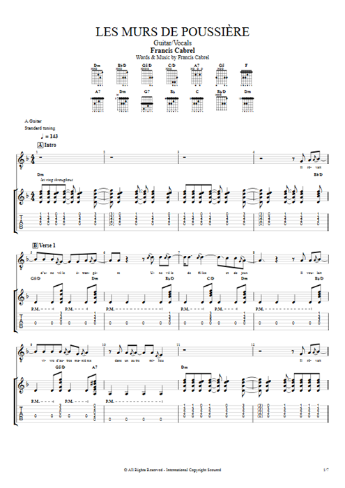 Les murs de poussière Francis Cabrel guitar pro tab Full Score Guitar & Vocals mysongbook