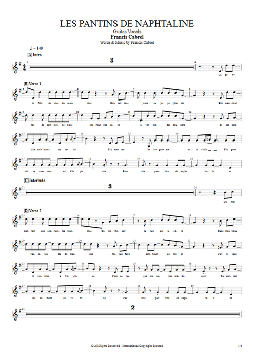 Les pantins de naphtaline Francis Cabrel guitar pro tab Vocals Guitar & Vocals mysongbook