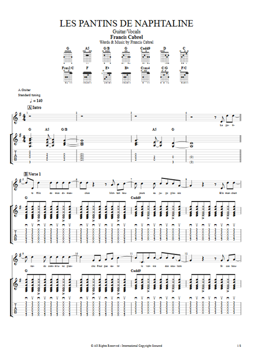 Les pantins de naphtaline Francis Cabrel guitar pro tab Full Score Guitar & Vocals mysongbook