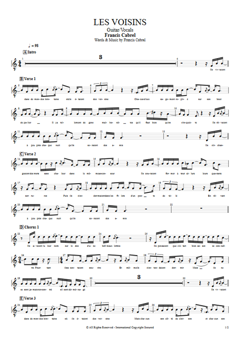 Les voisins Francis Cabrel guitar pro tab Vocals Guitar & Vocals mysongbook