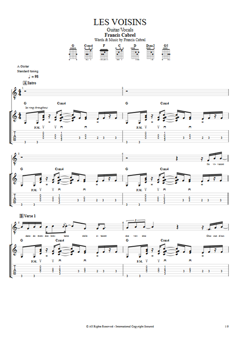 Les voisins Francis Cabrel guitar pro tab Full Score Guitar & Vocals mysongbook