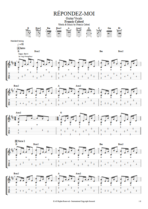Répondez-moi Francis Cabrel guitar pro tab AGuitar Guitar & Vocals mysongbook