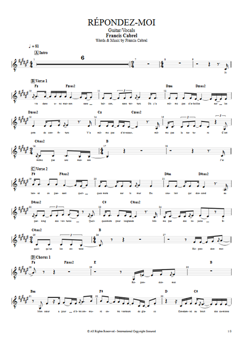Répondez-moi Francis Cabrel guitar pro tab Vocals Guitar & Vocals mysongbook