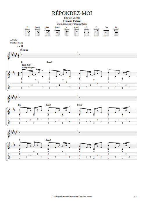 Répondez-moi Francis Cabrel guitar pro tab Full Score Guitar & Vocals mysongbook
