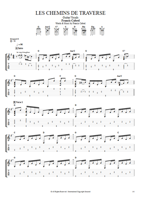 Les chemins de traverse Francis Cabrel guitar pro tab AGuitar Guitar & Vocals mysongbook