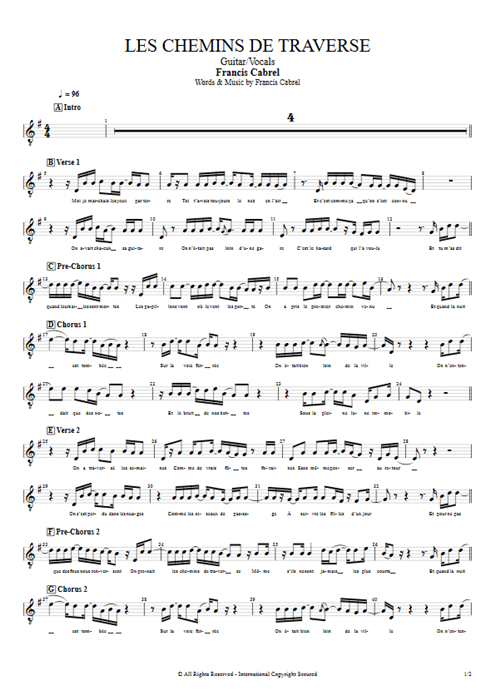 Les chemins de traverse Francis Cabrel guitar pro tab Vocals Guitar & Vocals mysongbook