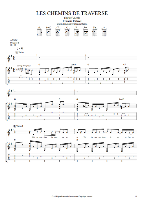 Les chemins de traverse Francis Cabrel guitar pro tab Full Score Guitar & Vocals mysongbook