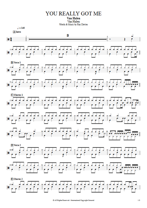 You Really Got Me Van Halen guitar pro tab Drums Full Score mysongbook