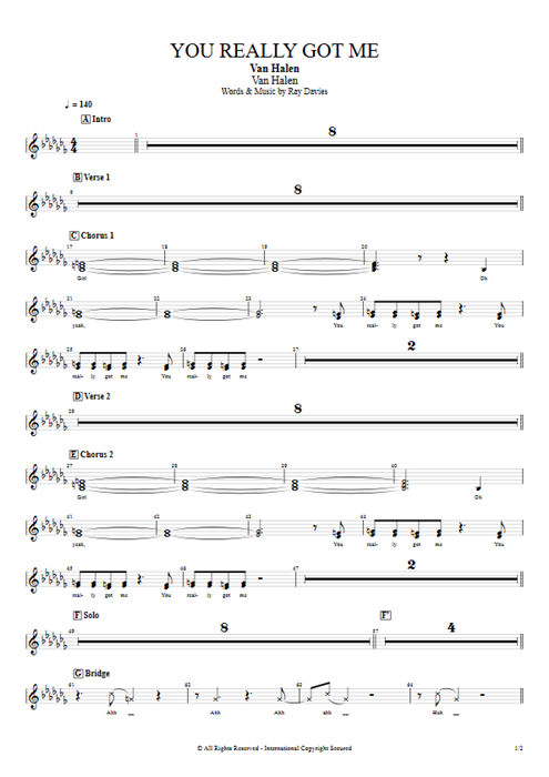 You Really Got Me Van Halen guitar pro tab BackVoc Full Score mysongbook
