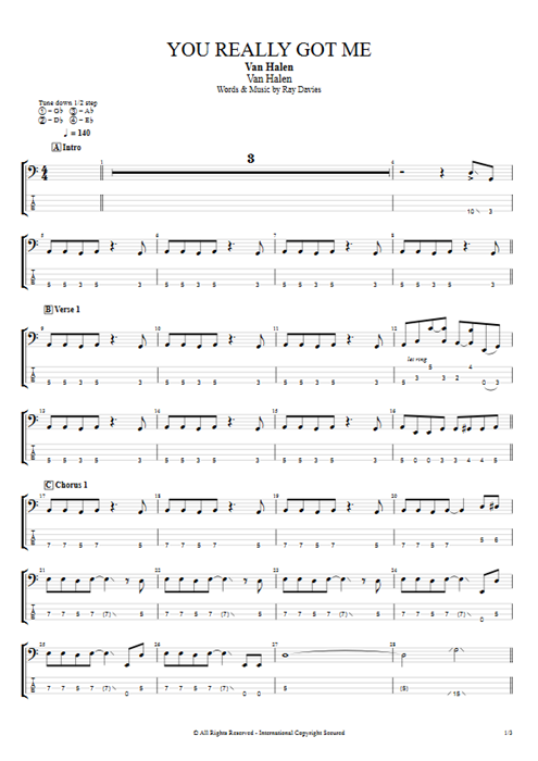 You Really Got Me Van Halen guitar pro tab EBass Guitar, Bass & Backing Track mysongbook