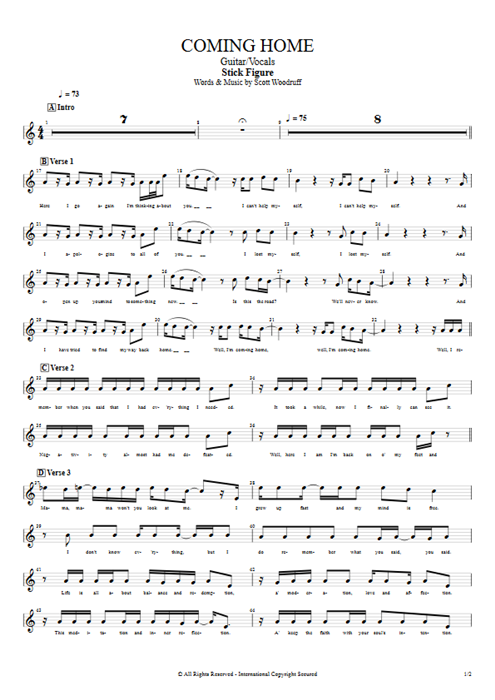 Coming Home Stick Figure guitar pro tab Vocals Guitar & Vocals mysongbook