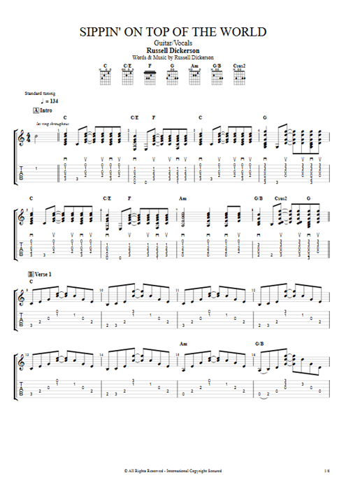 Sippin' on Top of the World Russell Dickerson guitar pro tab AGuitar Guitar & Vocals mysongbook