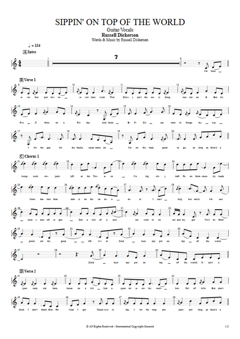 Sippin' on Top of the World Russell Dickerson guitar pro tab Vocals Guitar & Vocals mysongbook