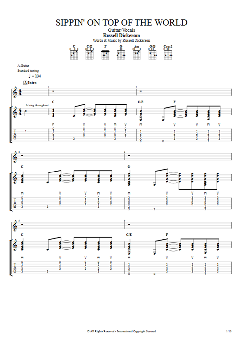 Sippin' on Top of the World Russell Dickerson guitar pro tab Full Score Guitar & Vocals mysongbook