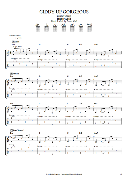 Giddy Up Gorgeous Tanner Adell guitar pro tab AGuitar Guitar & Vocals mysongbook