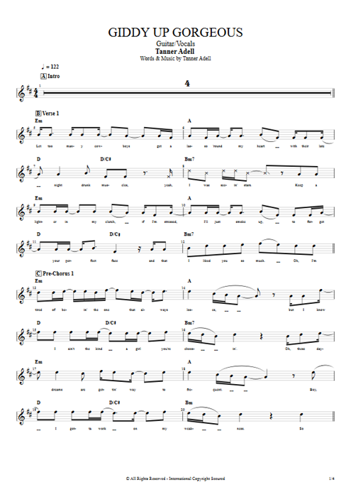 Giddy Up Gorgeous Tanner Adell guitar pro tab Vocals Guitar & Vocals mysongbook