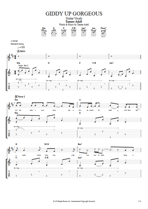 Giddy Up Gorgeous Tanner Adell guitar pro tab Full Score Guitar & Vocals mysongbook