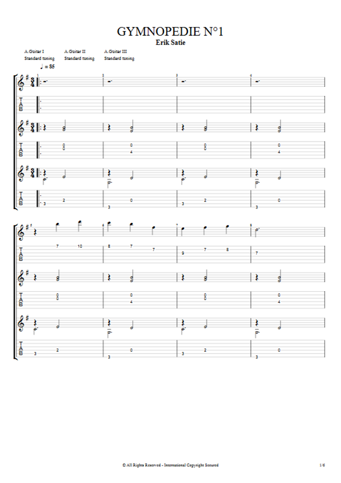 Gymnopedie N°1 Erik Satie guitar pro tab Full Score Guitars mysongbook