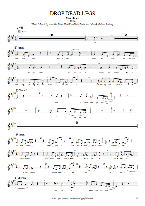 Drop Dead Legs Van Halen guitar pro tab Vocals Guitars, Bass & Backing Track mysongbook