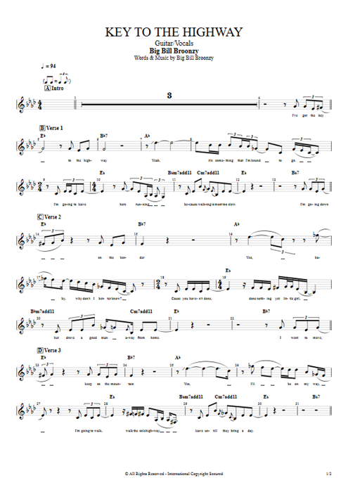 Key to the Highway Big Bill Broonzy guitar pro tab Vocals Guitar & Vocals mysongbook