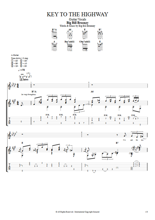 Key to the Highway Big Bill Broonzy guitar pro tab Full Score Guitar & Vocals mysongbook