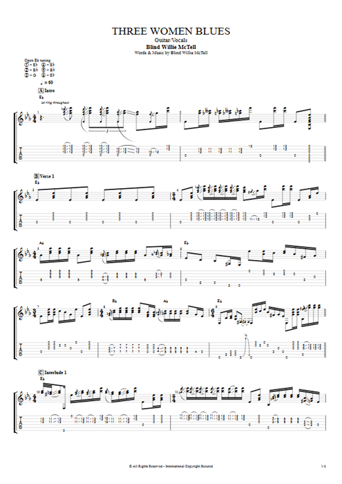 Three Women Blues Blind Willie McTell guitar pro tab AGuitar Guitar & Vocals mysongbook