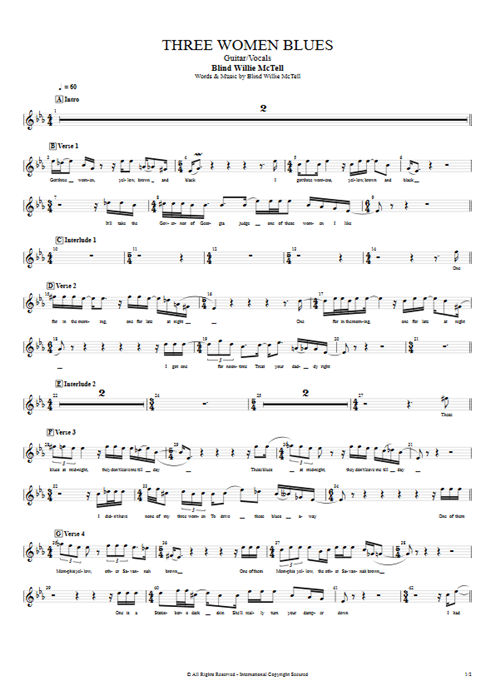 Three Women Blues Blind Willie McTell guitar pro tab Vocals Guitar & Vocals mysongbook