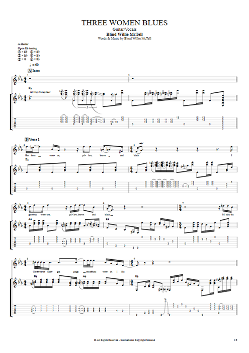 Three Women Blues Blind Willie McTell guitar pro tab Full Score Guitar & Vocals mysongbook
