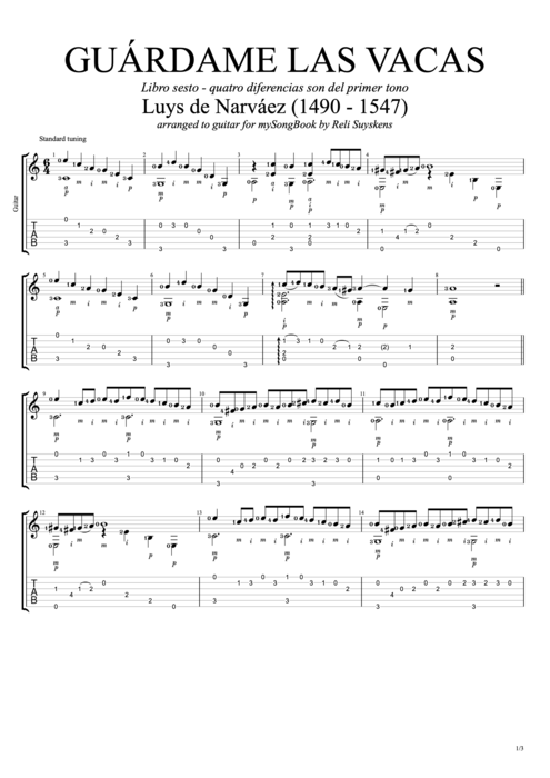 Diferencias sobre "guardame las vacas" Luys de Narváez guitar pro tab Guitar Solo Guitar mysongbook