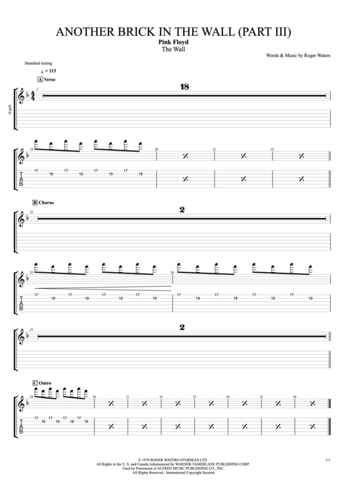 Another Brick in the Wall (Part 3) Pink Floyd guitar pro tab EGuitarIV Full Score mysongbook