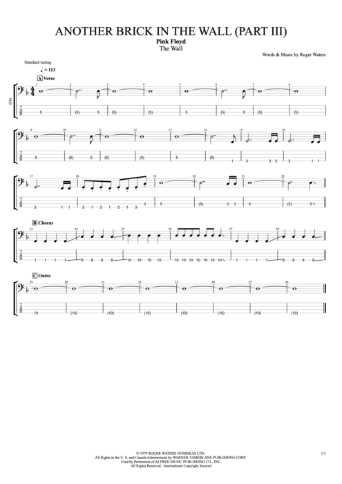 Another Brick in the Wall (Part 3) Pink Floyd guitar pro tab EBass Full Score mysongbook