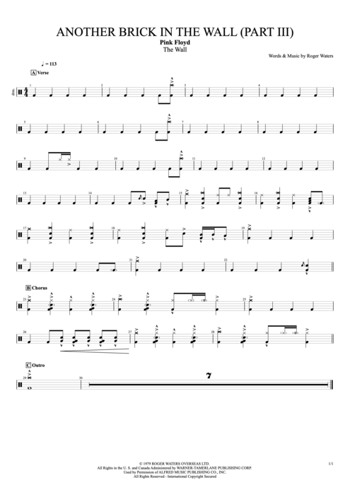 Another Brick in the Wall (Part 3) Pink Floyd guitar pro tab Drums Full Score mysongbook