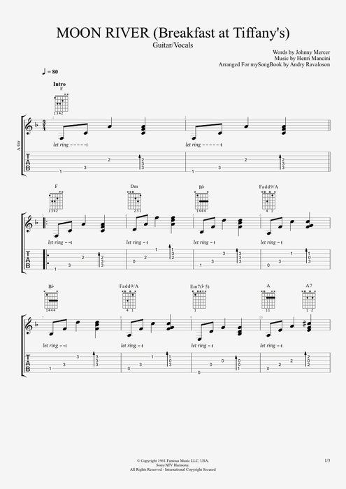 Moon River Henry Mancini guitar pro tab AGuitar Guitarra y voz mysongbook