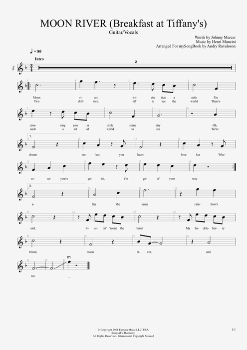 Moon River Henry Mancini guitar pro tab Vocals Guitarra y voz mysongbook