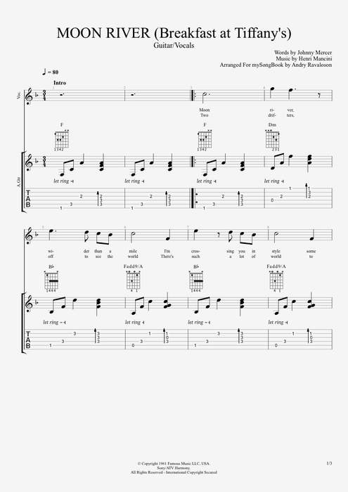 Moon River Henry Mancini guitar pro tab Full Score Guitarra y voz mysongbook