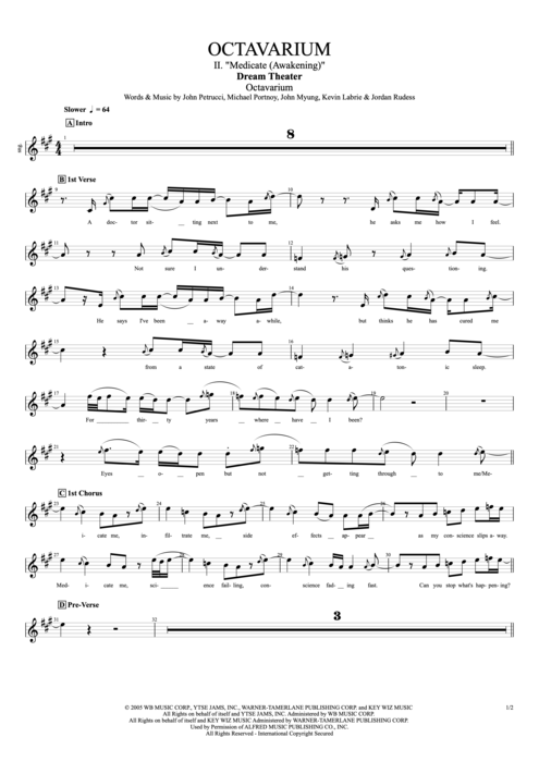 Octavarium II. "Medicate (Awakening)" Dream Theater guitar pro tab Vocals Full Score mysongbook