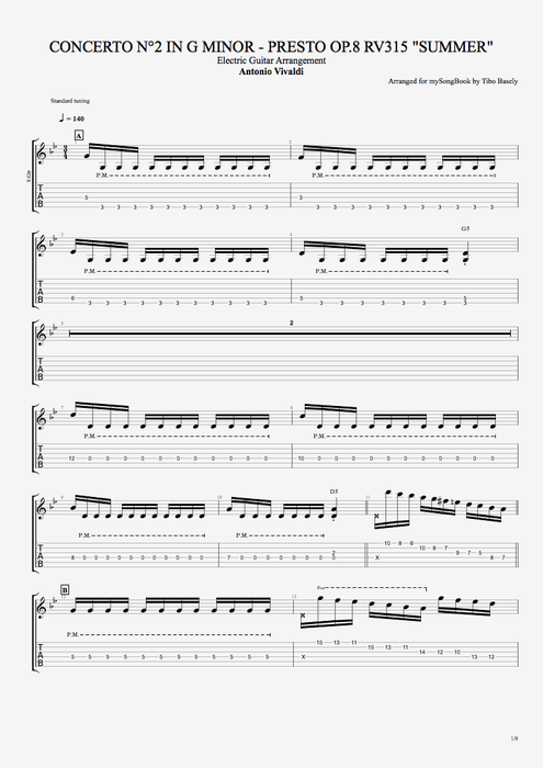 Concerto n°2 in G Minor, Op8, RV315 (summer) Antonio Vivaldi guitar pro tab EGuitarI Arrangement pour guitare électrique mysongbook
