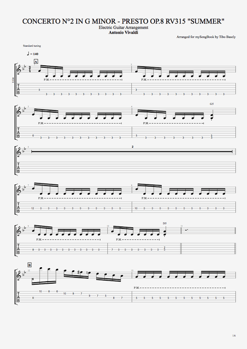 Concerto n°2 in G Minor, Op8, RV315 (summer) Antonio Vivaldi guitar pro tab EGuitarII Arrangement pour guitare électrique mysongbook