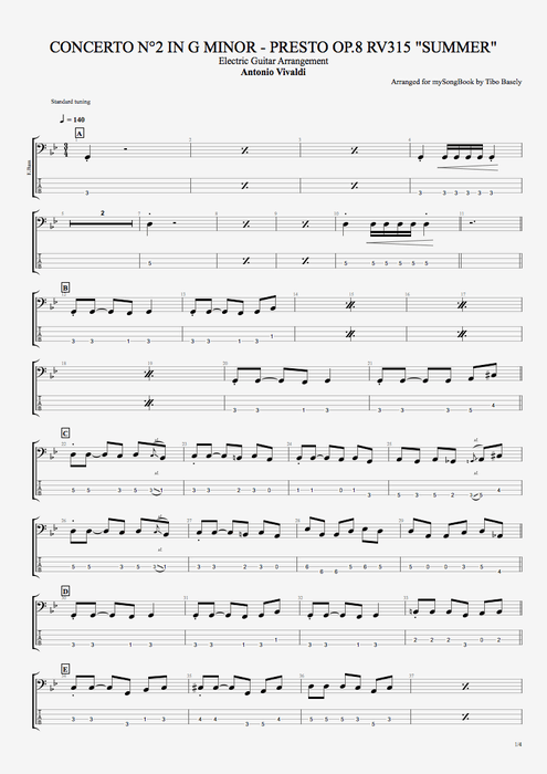 Concerto n°2 in G Minor, Op8, RV315 (summer) Antonio Vivaldi guitar pro tab EBass Arrangement pour guitare électrique mysongbook