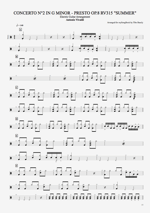 Concerto n°2 in G Minor, Op8, RV315 (summer) Antonio Vivaldi guitar pro tab Drums Arrangement pour guitare électrique mysongbook